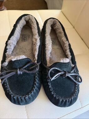 UGG Black Suede Moccasin Slippers with Cream Shearling